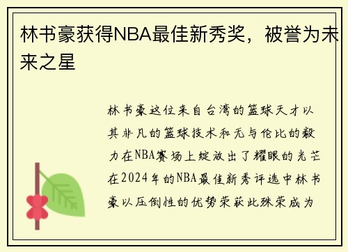 林书豪获得NBA最佳新秀奖，被誉为未来之星