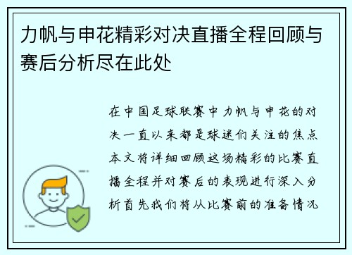 力帆与申花精彩对决直播全程回顾与赛后分析尽在此处